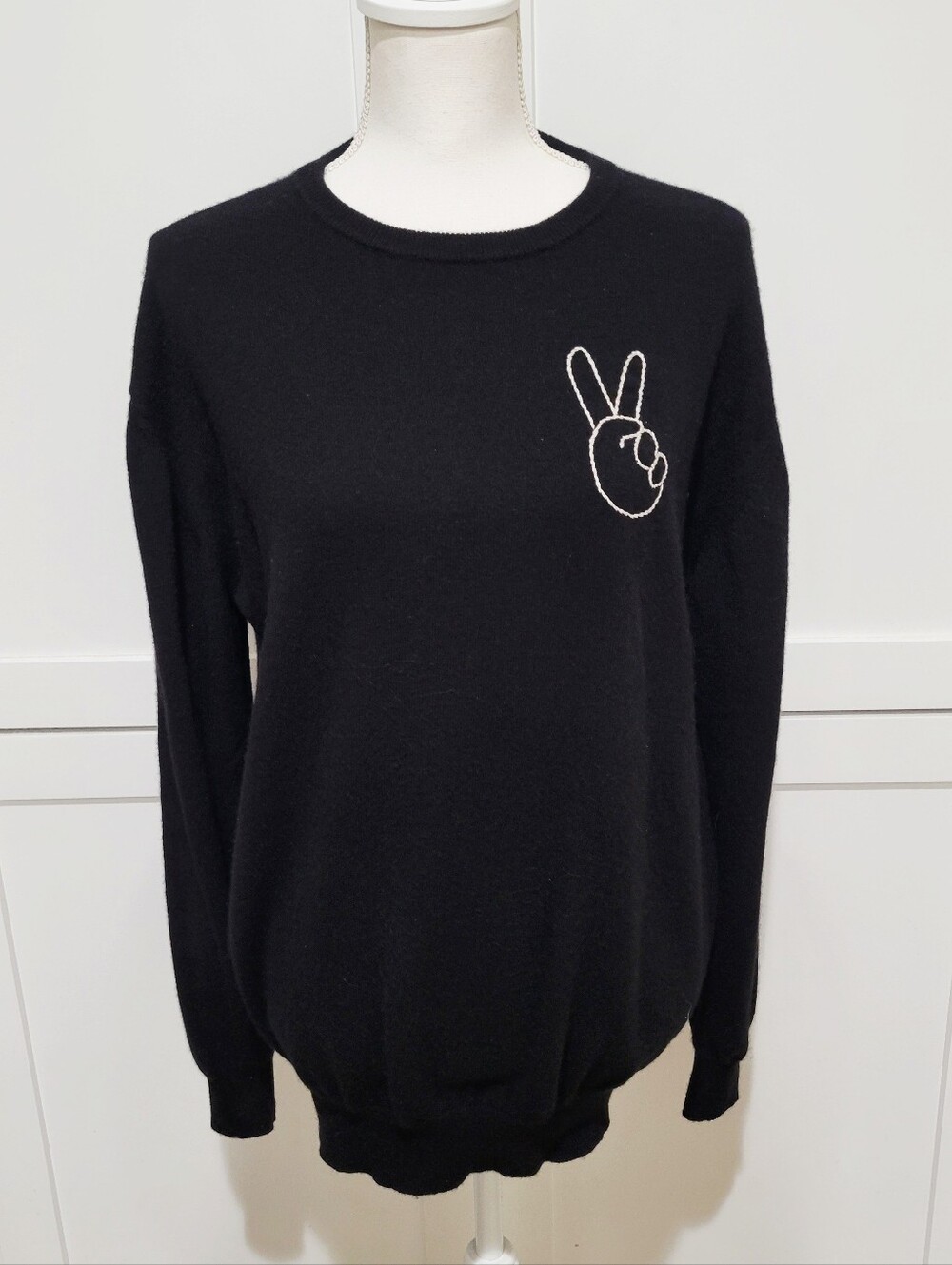 Black Crewneck Sweater with White Peace Hand Motif